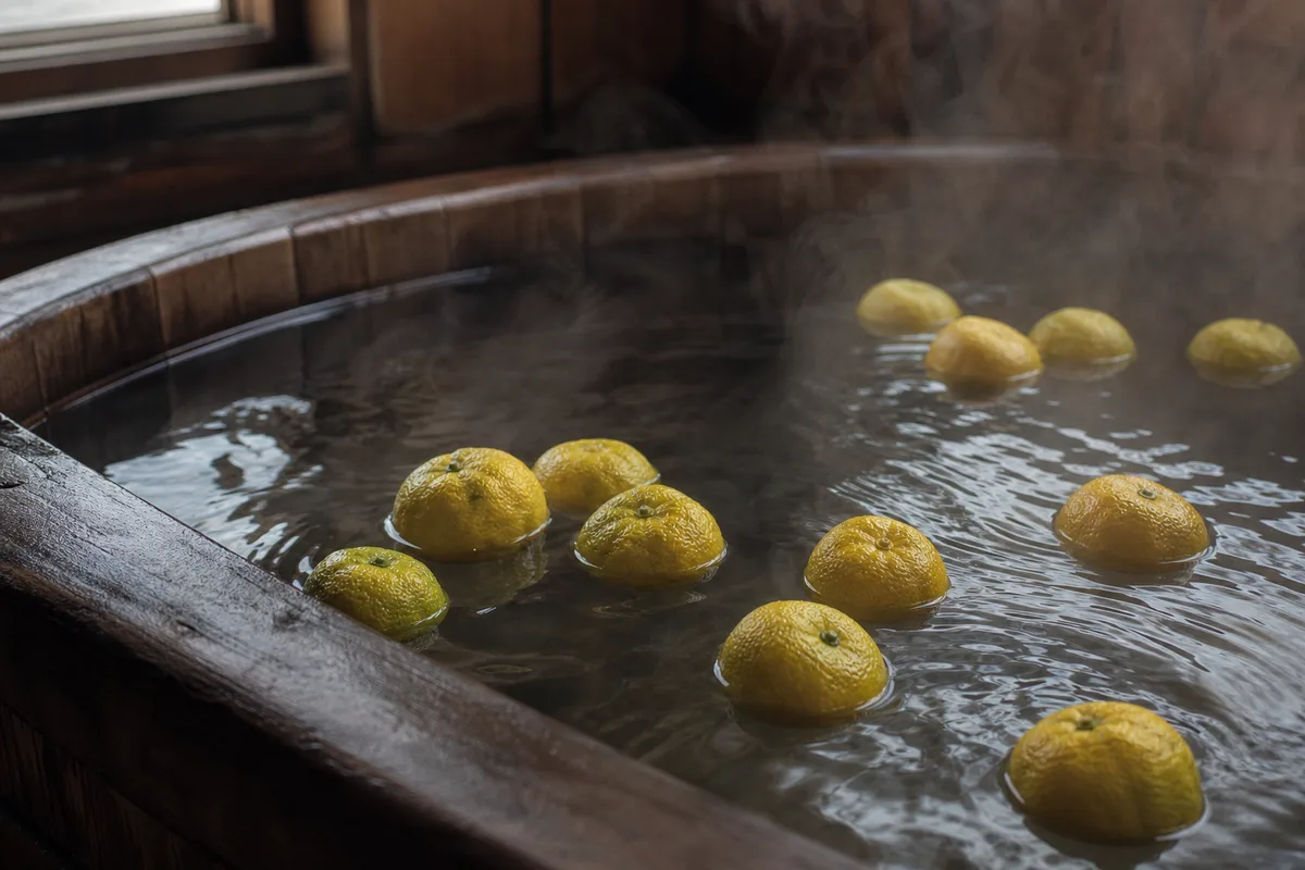 Bain japonais yuzuyu avec yuzus entiers flottants